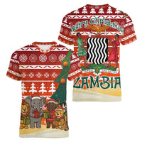 Zambia Christmas Women V-Neck T-Shirt with African Animals Tree Snowflakes and National Emblem Design - Wonder Print Shop