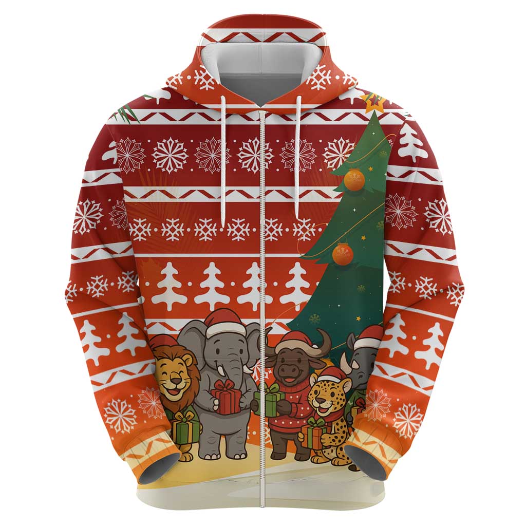 Zambia Christmas Zip Hoodie with African Animals Tree Snowflakes and National Emblem Design - Wonder Print Shop