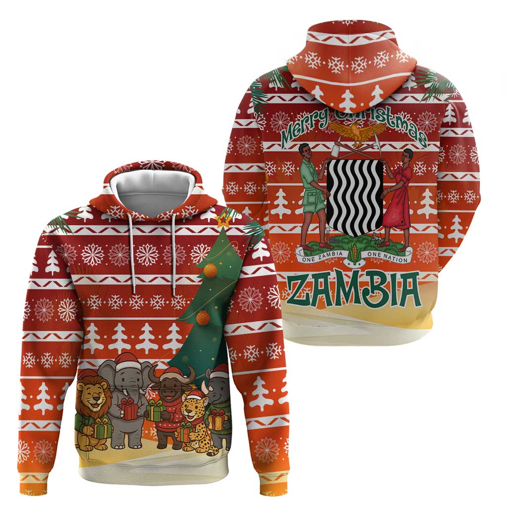 Zambia Christmas Zip Hoodie with African Animals Tree Snowflakes and National Emblem Design - Wonder Print Shop