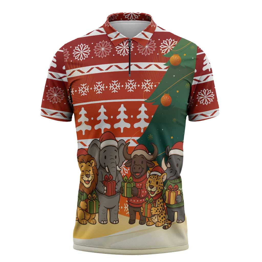 Zambia Christmas Zipper Polo Shirt with African Animals Tree Snowflakes and National Emblem Design - Wonder Print Shop