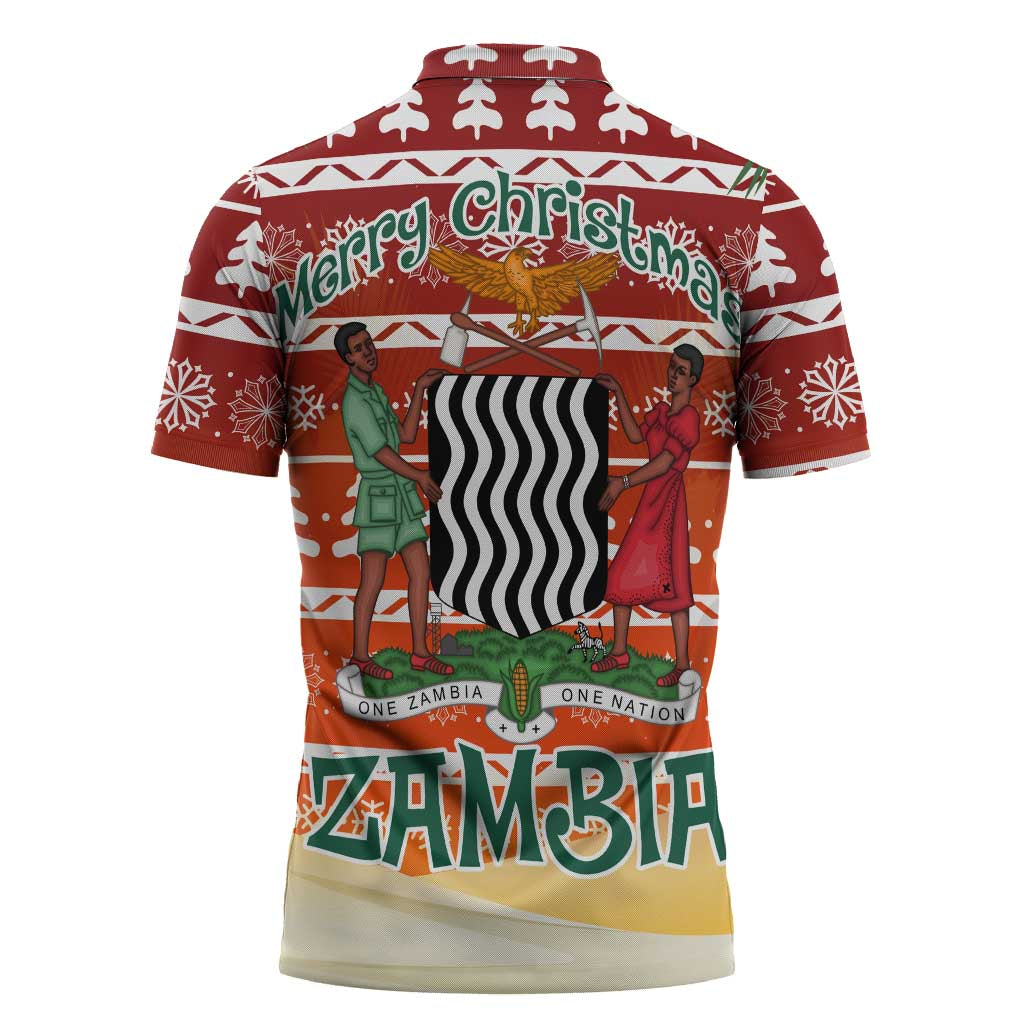 Zambia Christmas Zipper Polo Shirt with African Animals Tree Snowflakes and National Emblem Design - Wonder Print Shop