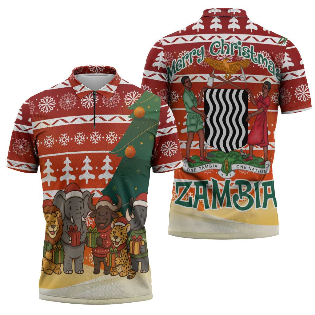 Zambia Christmas Zipper Polo Shirt with African Animals Tree Snowflakes and National Emblem Design - Wonder Print Shop
