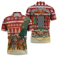Zambia Christmas Zipper Polo Shirt with African Animals Tree Snowflakes and National Emblem Design - Wonder Print Shop