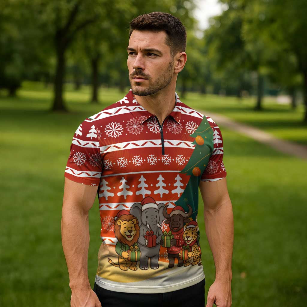 Zambia Christmas Zipper Polo Shirt with African Animals Tree Snowflakes and National Emblem Design - Wonder Print Shop