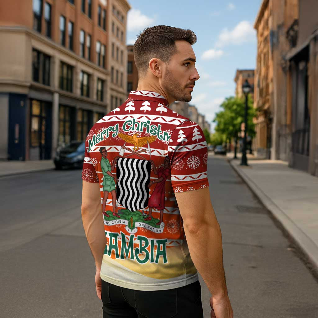 Zambia Christmas Zipper Polo Shirt with African Animals Tree Snowflakes and National Emblem Design - Wonder Print Shop