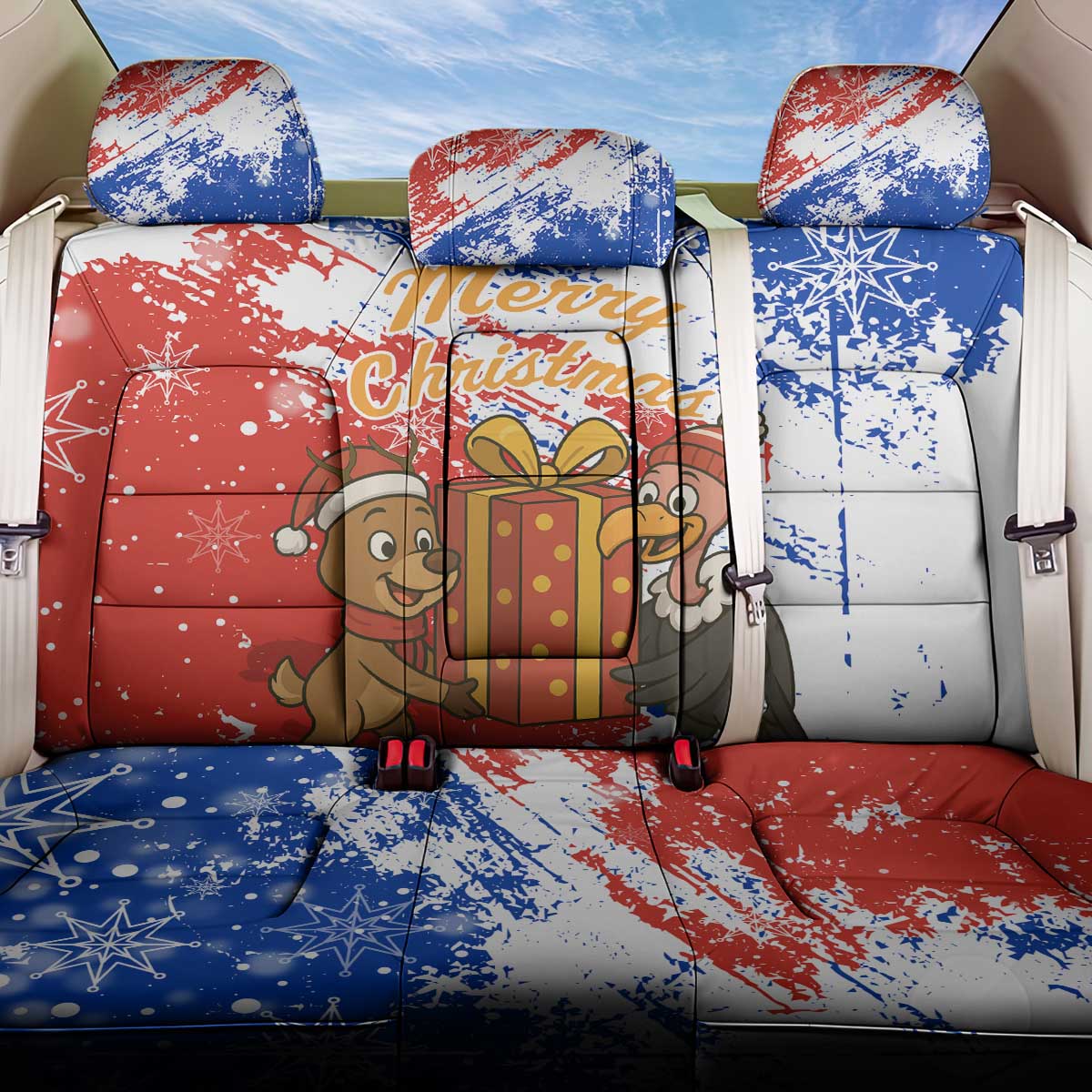 Chile Christmas Back Car Seat Cover with Flag Colors Tree Reindeer Condor and Gift Design - Wonder Print Shop