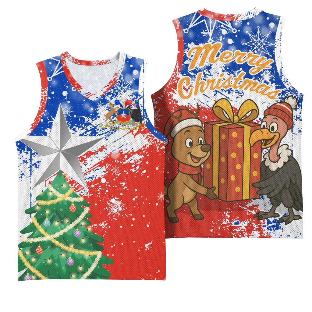 Chile Christmas Basketball Jersey with Flag Colors Tree Reindeer Condor and Gift Design - Wonder Print Shop