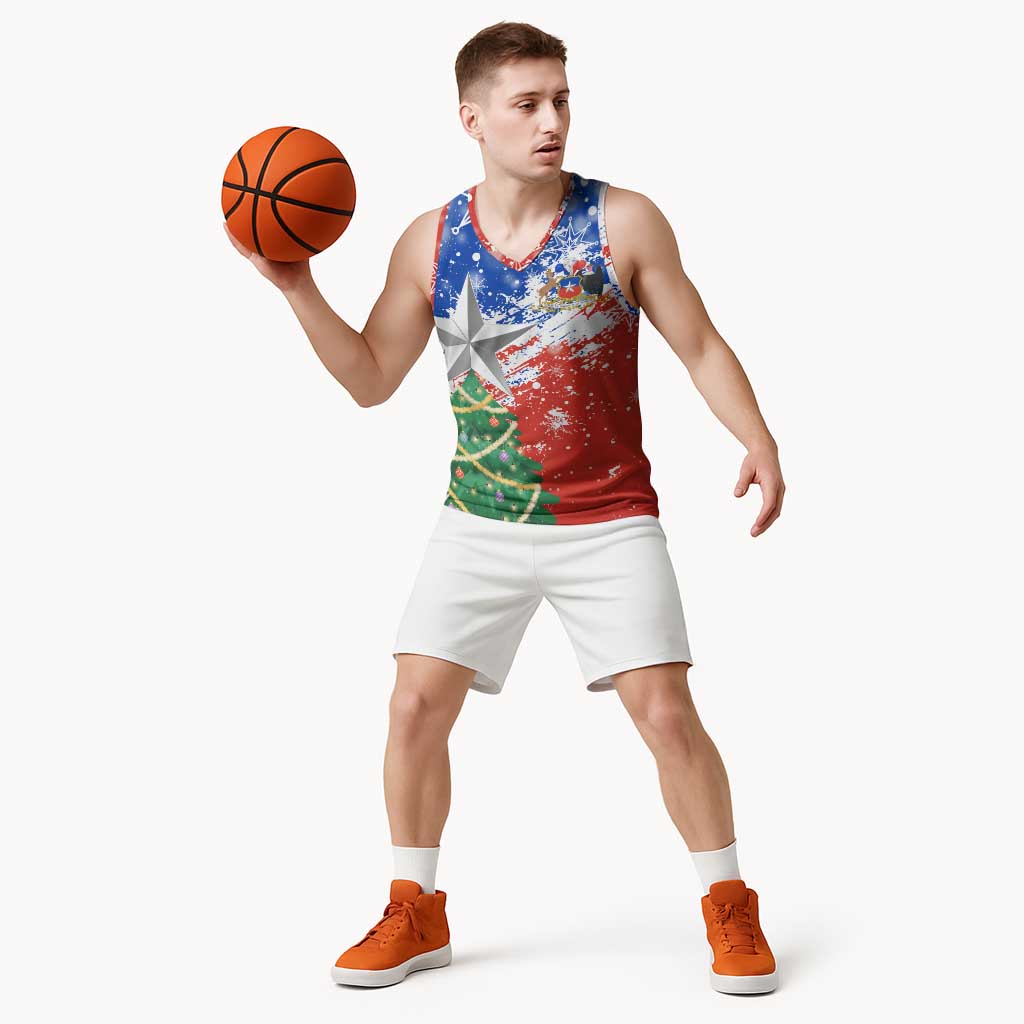 Chile Christmas Basketball Jersey with Flag Colors Tree Reindeer Condor and Gift Design - Wonder Print Shop