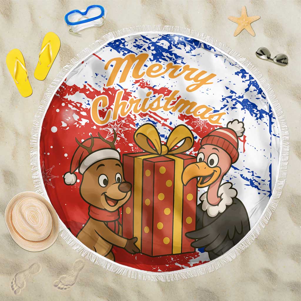 Chile Christmas Beach Blanket with Flag Colors Tree Reindeer Condor and Gift Design - Wonder Print Shop