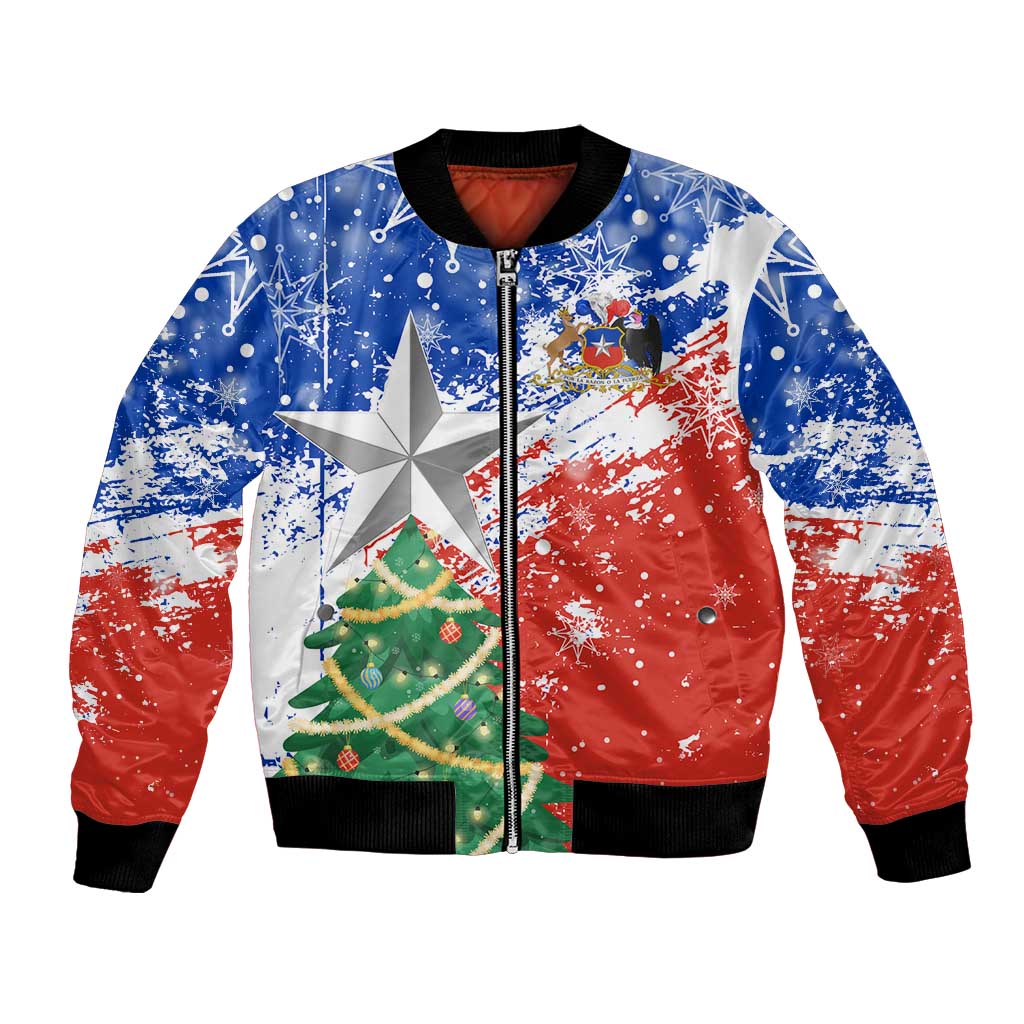 Chile Christmas Bomber Jacket with Flag Colors Tree Reindeer Condor and Gift Design - Wonder Print Shop