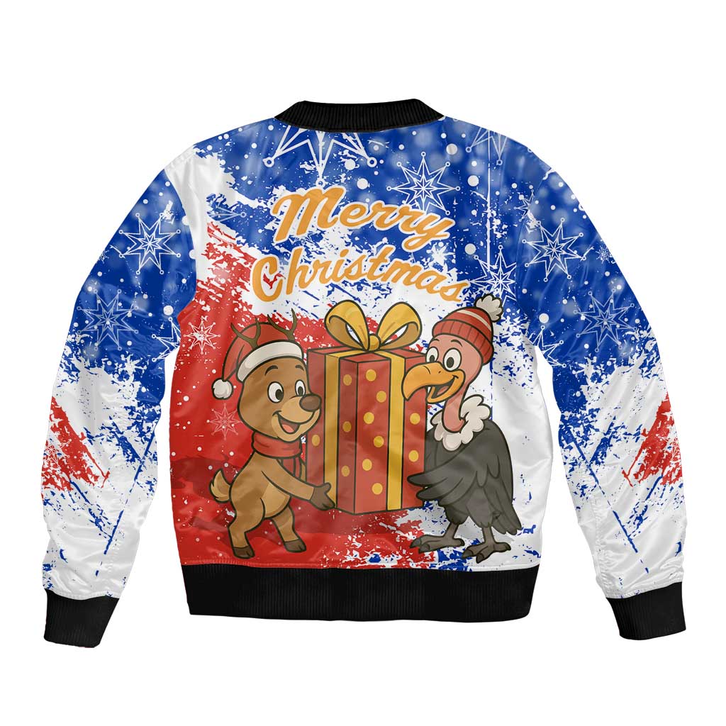 Chile Christmas Bomber Jacket with Flag Colors Tree Reindeer Condor and Gift Design - Wonder Print Shop