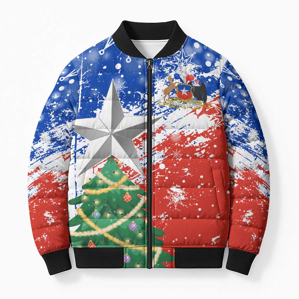 Chile Christmas Bomber Puffer Jacket with Flag Colors Tree Reindeer Condor and Gift Design - Wonder Print Shop