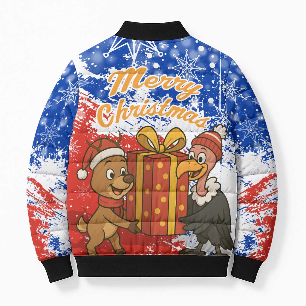 Chile Christmas Bomber Puffer Jacket with Flag Colors Tree Reindeer Condor and Gift Design - Wonder Print Shop