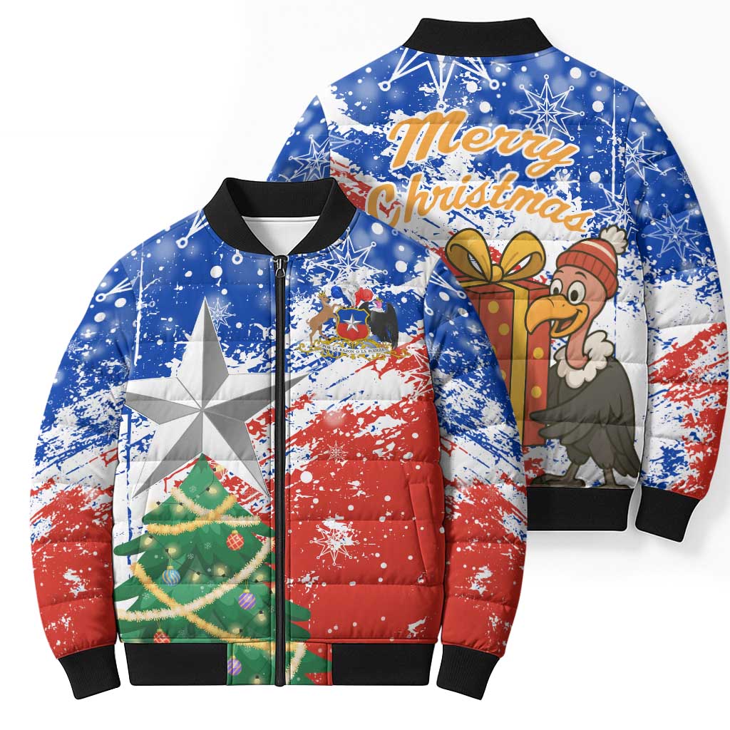 Chile Christmas Bomber Puffer Jacket with Flag Colors Tree Reindeer Condor and Gift Design - Wonder Print Shop