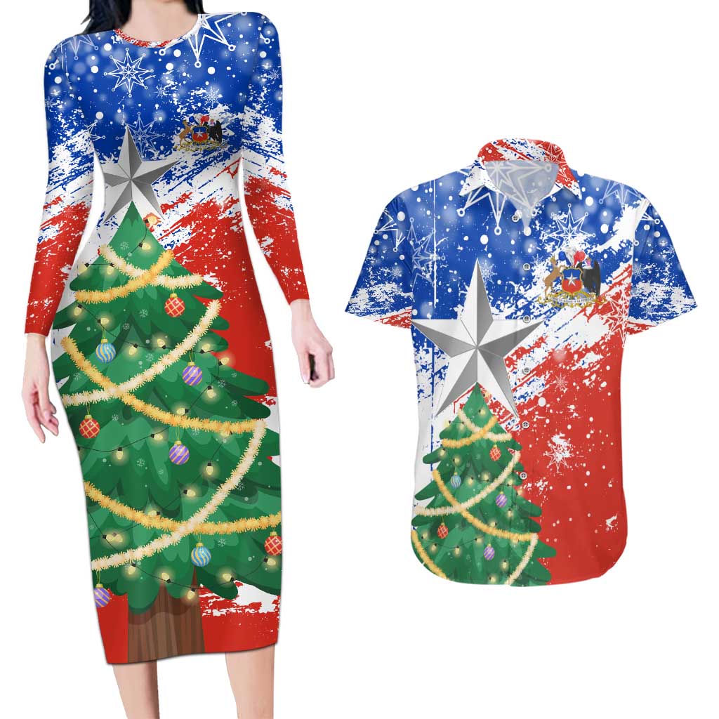 Chile Christmas Couples Matching Long Sleeve Bodycon Dress and Hawaiian Shirt with Flag Colors Tree Reindeer Condor and Gift Design - Wonder Print Shop