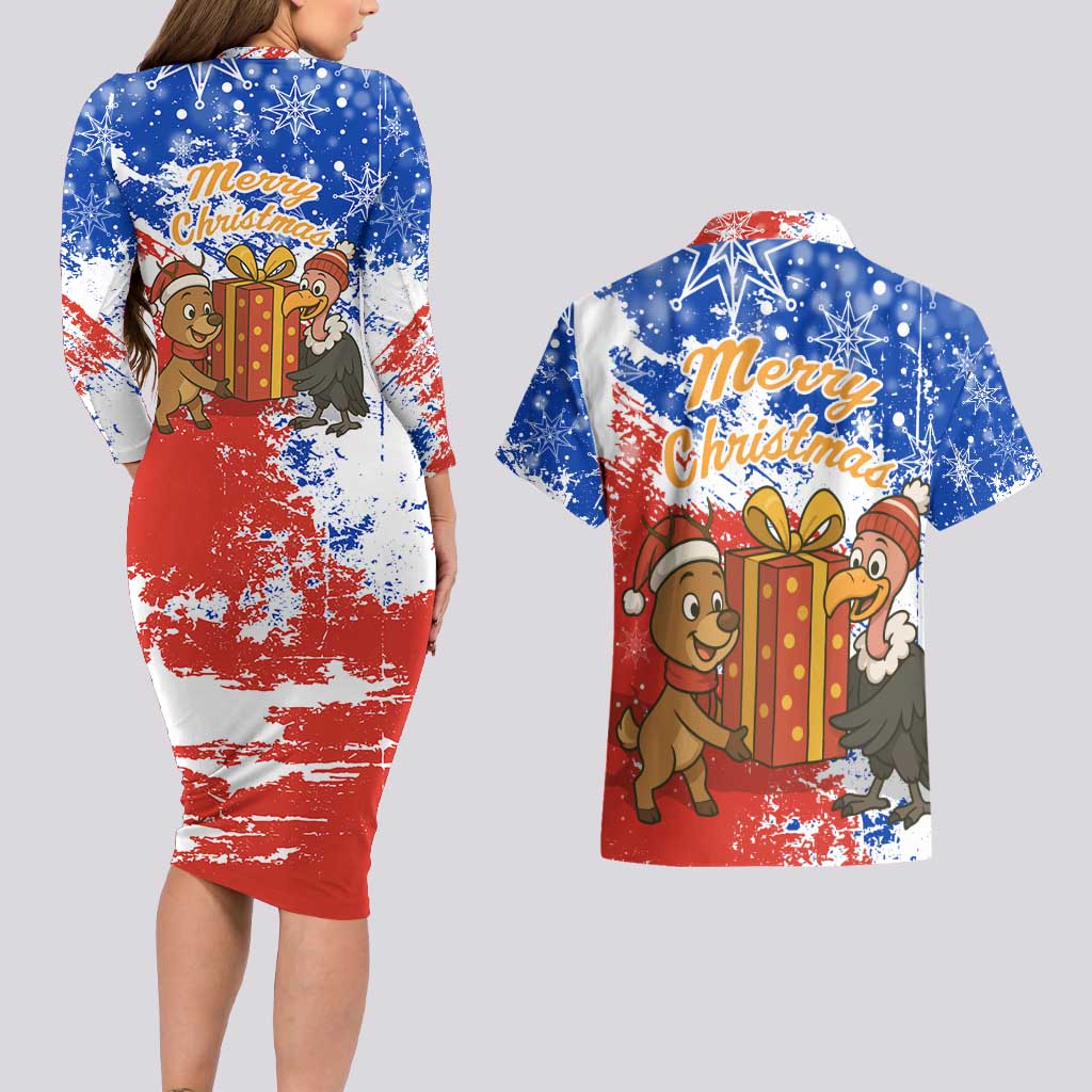 Chile Christmas Couples Matching Long Sleeve Bodycon Dress and Hawaiian Shirt with Flag Colors Tree Reindeer Condor and Gift Design - Wonder Print Shop