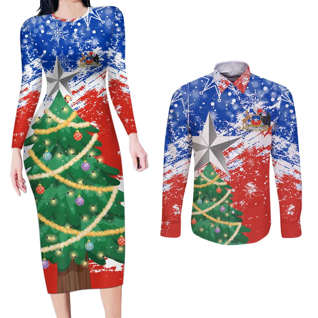 Chile Christmas Couples Matching Long Sleeve Bodycon Dress and Long Sleeve Button Shirt with Flag Colors Tree Reindeer Condor and Gift Design - Wonder Print Shop