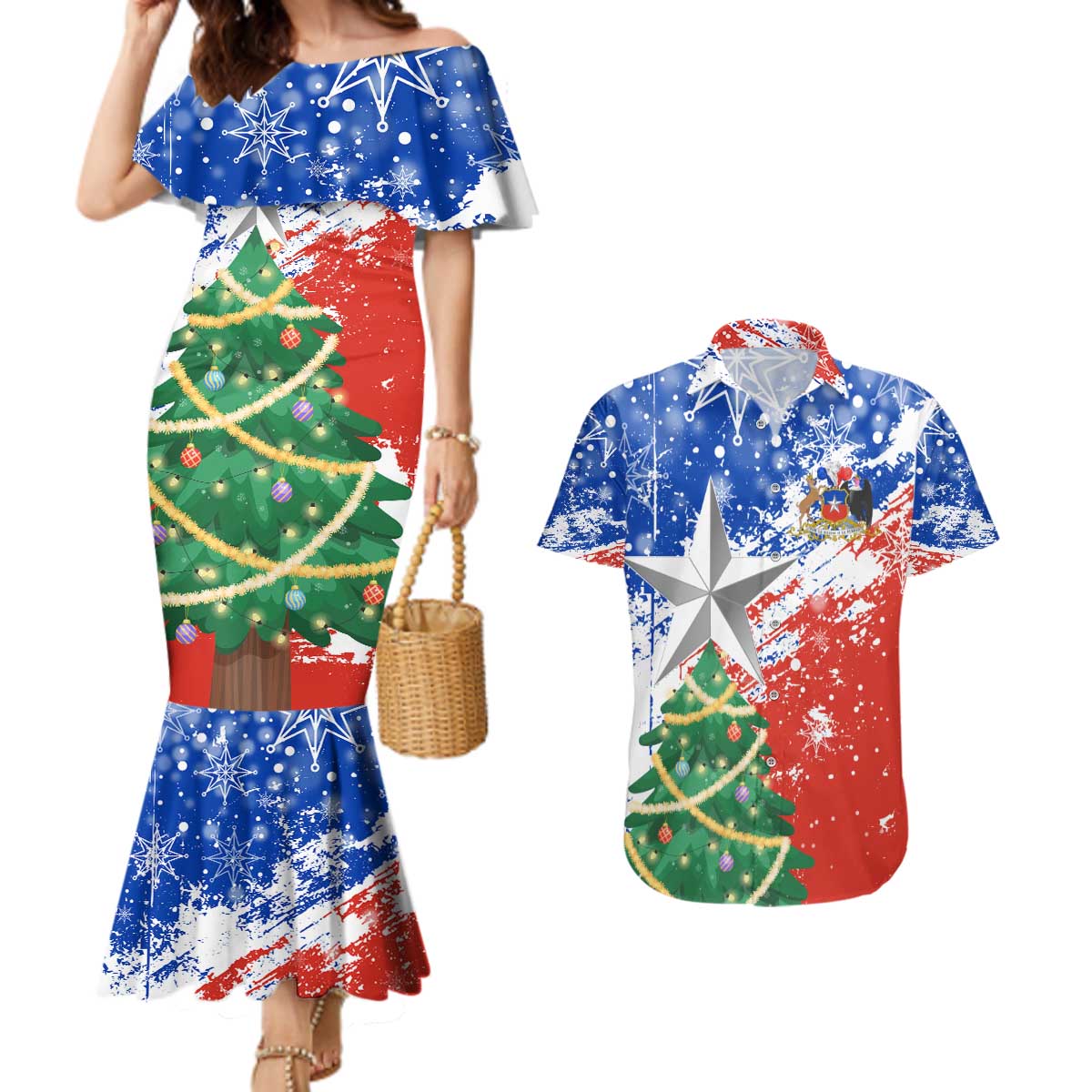 Chile Christmas Couples Matching Mermaid Dress and Hawaiian Shirt with Flag Colors Tree Reindeer Condor and Gift Design - Wonder Print Shop