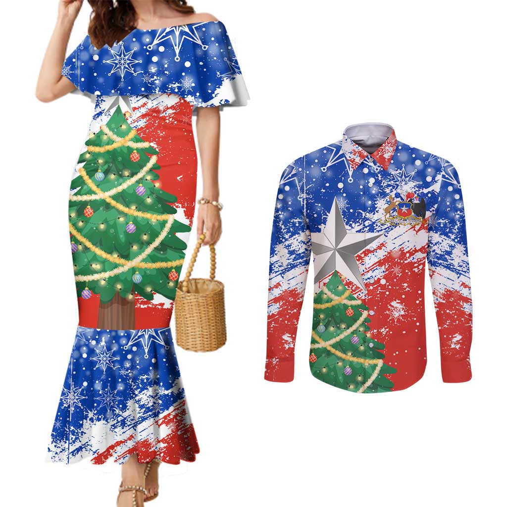 Chile Christmas Couples Matching Mermaid Dress and Long Sleeve Button Shirt with Flag Colors Tree Reindeer Condor and Gift Design - Wonder Print Shop