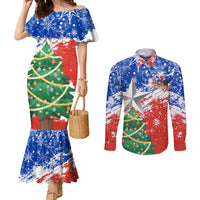 Chile Christmas Couples Matching Mermaid Dress and Long Sleeve Button Shirt with Flag Colors Tree Reindeer Condor and Gift Design - Wonder Print Shop