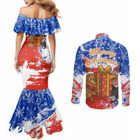 Chile Christmas Couples Matching Mermaid Dress and Long Sleeve Button Shirt with Flag Colors Tree Reindeer Condor and Gift Design - Wonder Print Shop