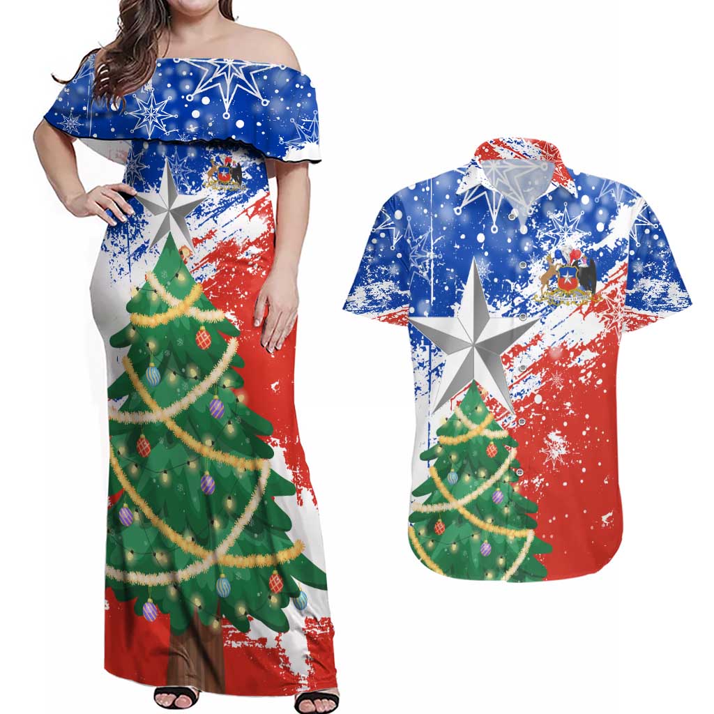 Chile Christmas Couples Matching Off Shoulder Maxi Dress and Hawaiian Shirt with Flag Colors Tree Reindeer Condor and Gift Design - Wonder Print Shop