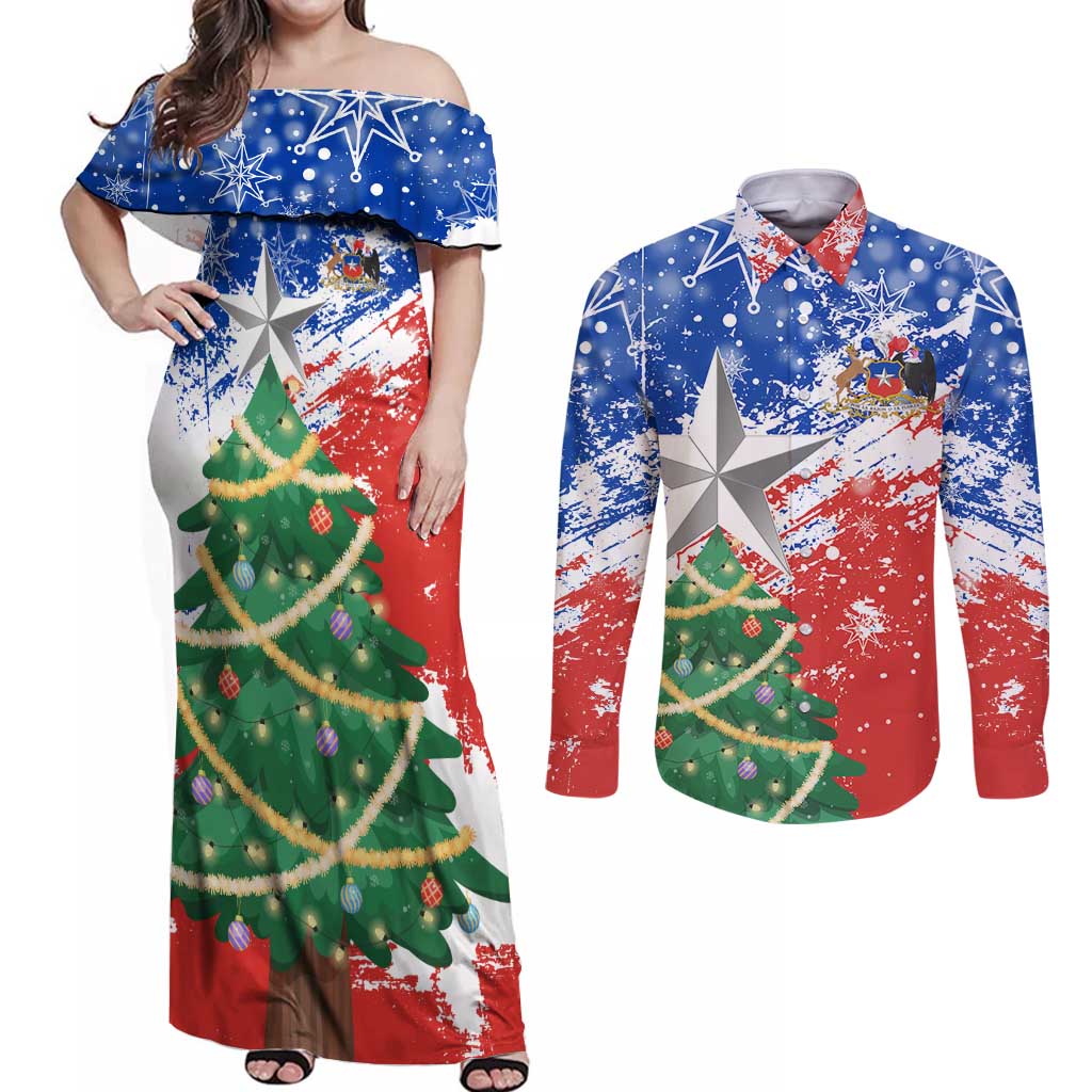 Chile Christmas Couples Matching Off Shoulder Maxi Dress and Long Sleeve Button Shirt with Flag Colors Tree Reindeer Condor and Gift Design - Wonder Print Shop