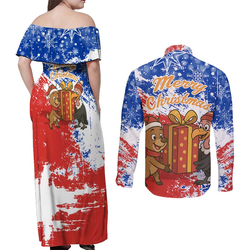 Chile Christmas Couples Matching Off Shoulder Maxi Dress and Long Sleeve Button Shirt with Flag Colors Tree Reindeer Condor and Gift Design - Wonder Print Shop