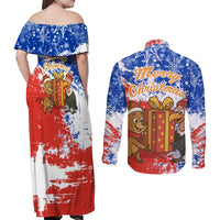 Chile Christmas Couples Matching Off Shoulder Maxi Dress and Long Sleeve Button Shirt with Flag Colors Tree Reindeer Condor and Gift Design - Wonder Print Shop