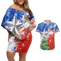Chile Christmas Couples Matching Off Shoulder Short Dress and Hawaiian Shirt with Flag Colors Tree Reindeer Condor and Gift Design - Wonder Print Shop