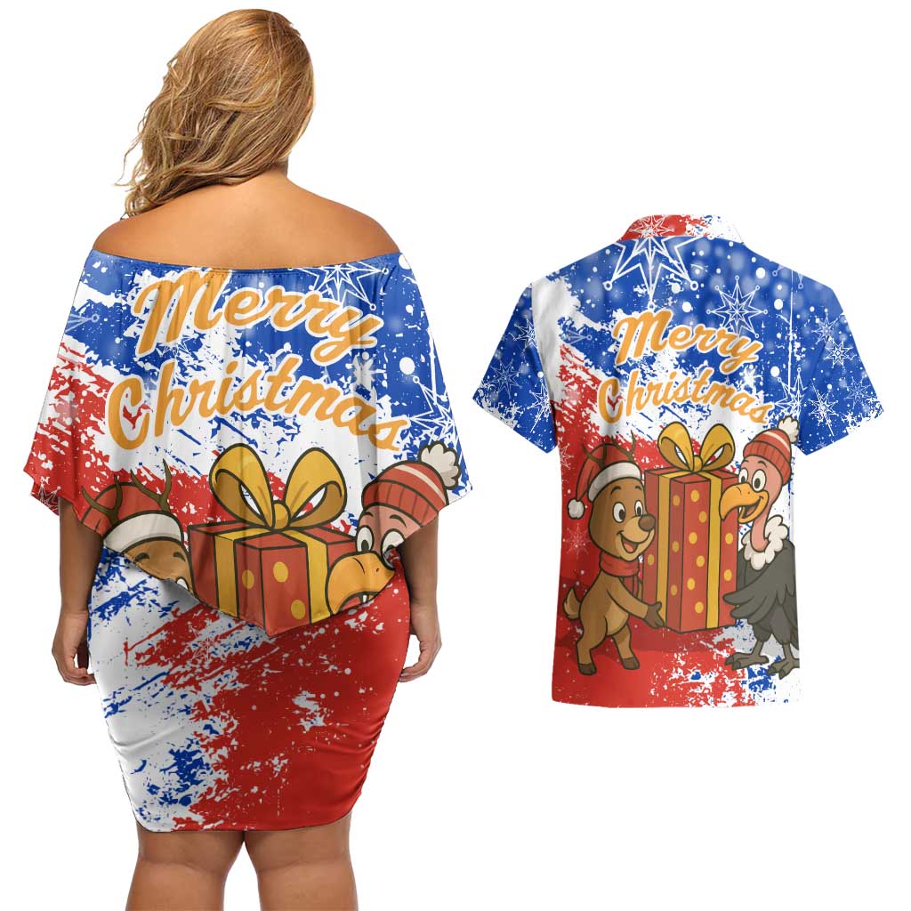 Chile Christmas Couples Matching Off Shoulder Short Dress and Hawaiian Shirt with Flag Colors Tree Reindeer Condor and Gift Design - Wonder Print Shop