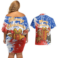 Chile Christmas Couples Matching Off Shoulder Short Dress and Hawaiian Shirt with Flag Colors Tree Reindeer Condor and Gift Design - Wonder Print Shop