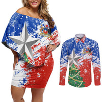 Chile Christmas Couples Matching Off Shoulder Short Dress and Long Sleeve Button Shirt with Flag Colors Tree Reindeer Condor and Gift Design - Wonder Print Shop