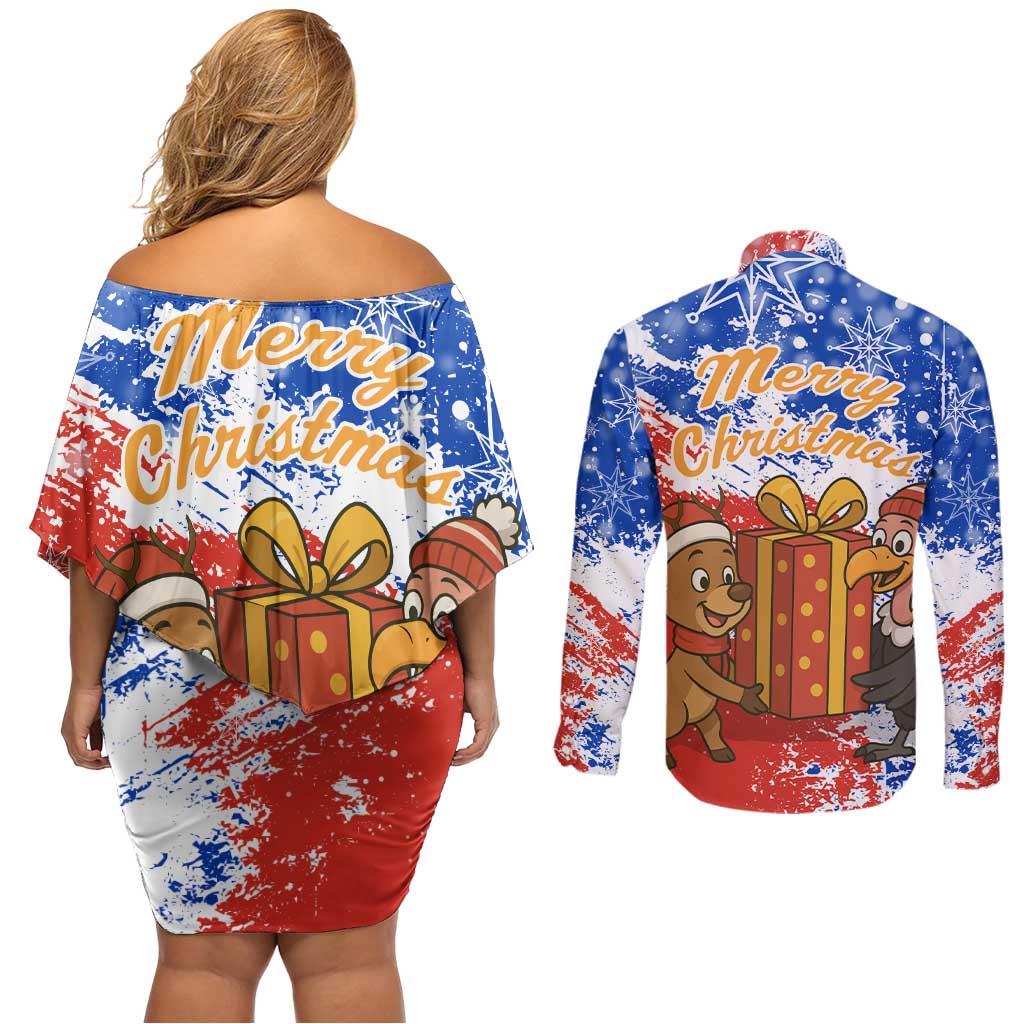 Chile Christmas Couples Matching Off Shoulder Short Dress and Long Sleeve Button Shirt with Flag Colors Tree Reindeer Condor and Gift Design - Wonder Print Shop