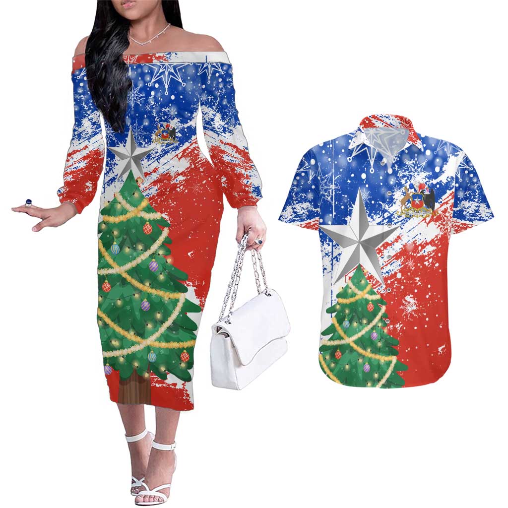 Chile Christmas Couples Matching Off The Shoulder Long Sleeve Dress and Hawaiian Shirt with Flag Colors Tree Reindeer Condor and Gift Design - Wonder Print Shop