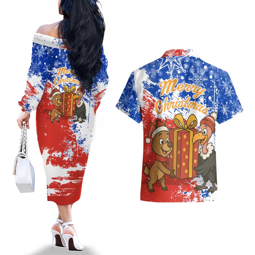 Chile Christmas Couples Matching Off The Shoulder Long Sleeve Dress and Hawaiian Shirt with Flag Colors Tree Reindeer Condor and Gift Design - Wonder Print Shop