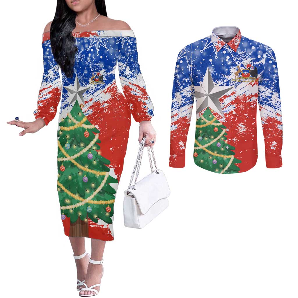 Chile Christmas Couples Matching Off The Shoulder Long Sleeve Dress and Long Sleeve Button Shirt with Flag Colors Tree Reindeer Condor and Gift Design - Wonder Print Shop