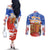 Chile Christmas Couples Matching Off The Shoulder Long Sleeve Dress and Long Sleeve Button Shirt with Flag Colors Tree Reindeer Condor and Gift Design - Wonder Print Shop