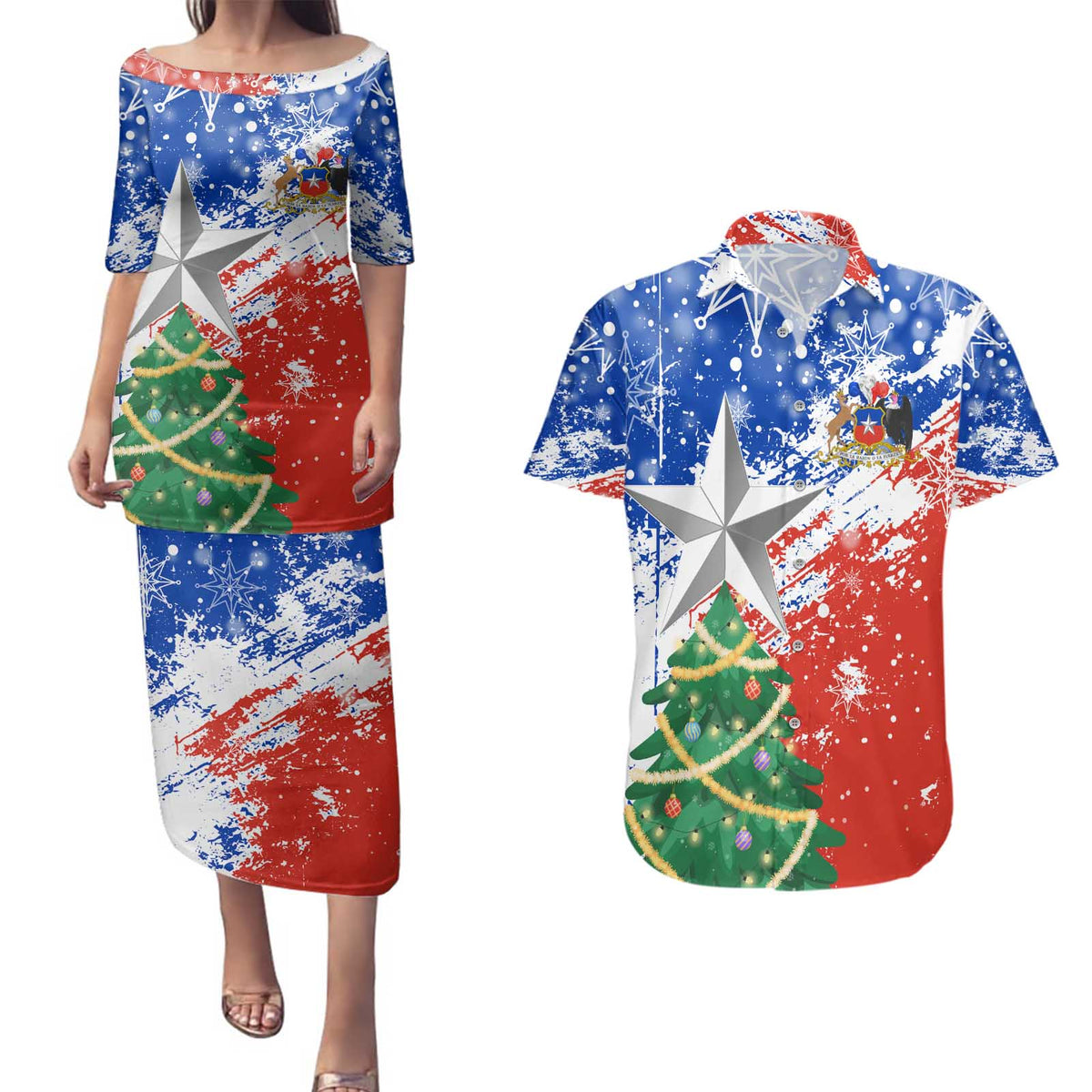 Chile Christmas Couples Matching Puletasi and Hawaiian Shirt with Flag Colors Tree Reindeer Condor and Gift Design - Wonder Print Shop
