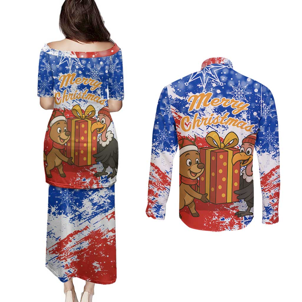 Chile Christmas Couples Matching Puletasi and Long Sleeve Button Shirt with Flag Colors Tree Reindeer Condor and Gift Design - Wonder Print Shop