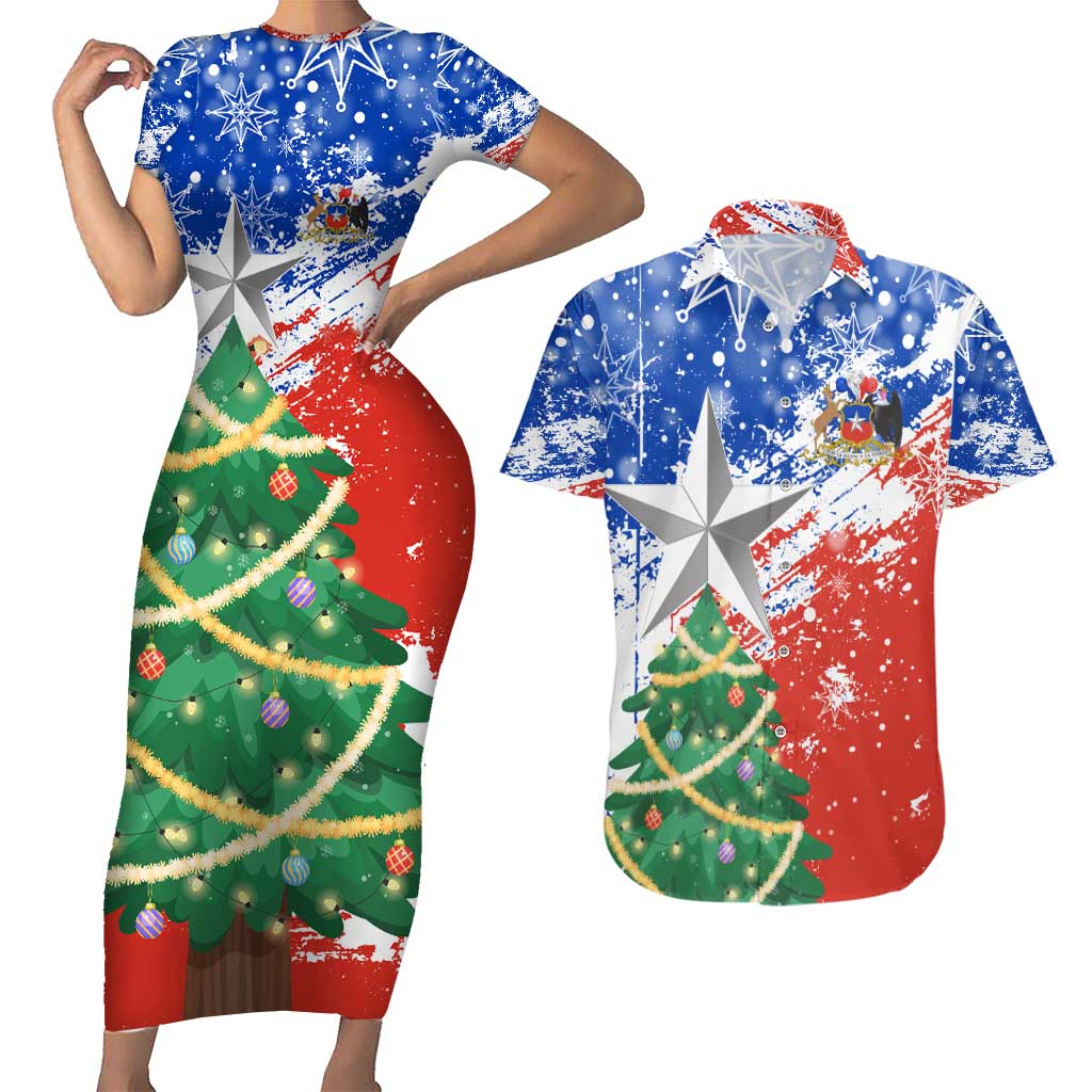 Chile Christmas Couples Matching Short Sleeve Bodycon Dress and Hawaiian Shirt with Flag Colors Tree Reindeer Condor and Gift Design - Wonder Print Shop