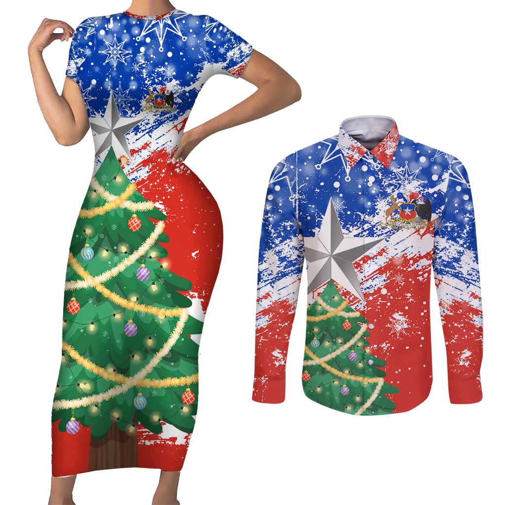 Chile Christmas Couples Matching Short Sleeve Bodycon Dress and Long Sleeve Button Shirt with Flag Colors Tree Reindeer Condor and Gift Design - Wonder Print Shop