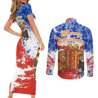 Chile Christmas Couples Matching Short Sleeve Bodycon Dress and Long Sleeve Button Shirt with Flag Colors Tree Reindeer Condor and Gift Design - Wonder Print Shop