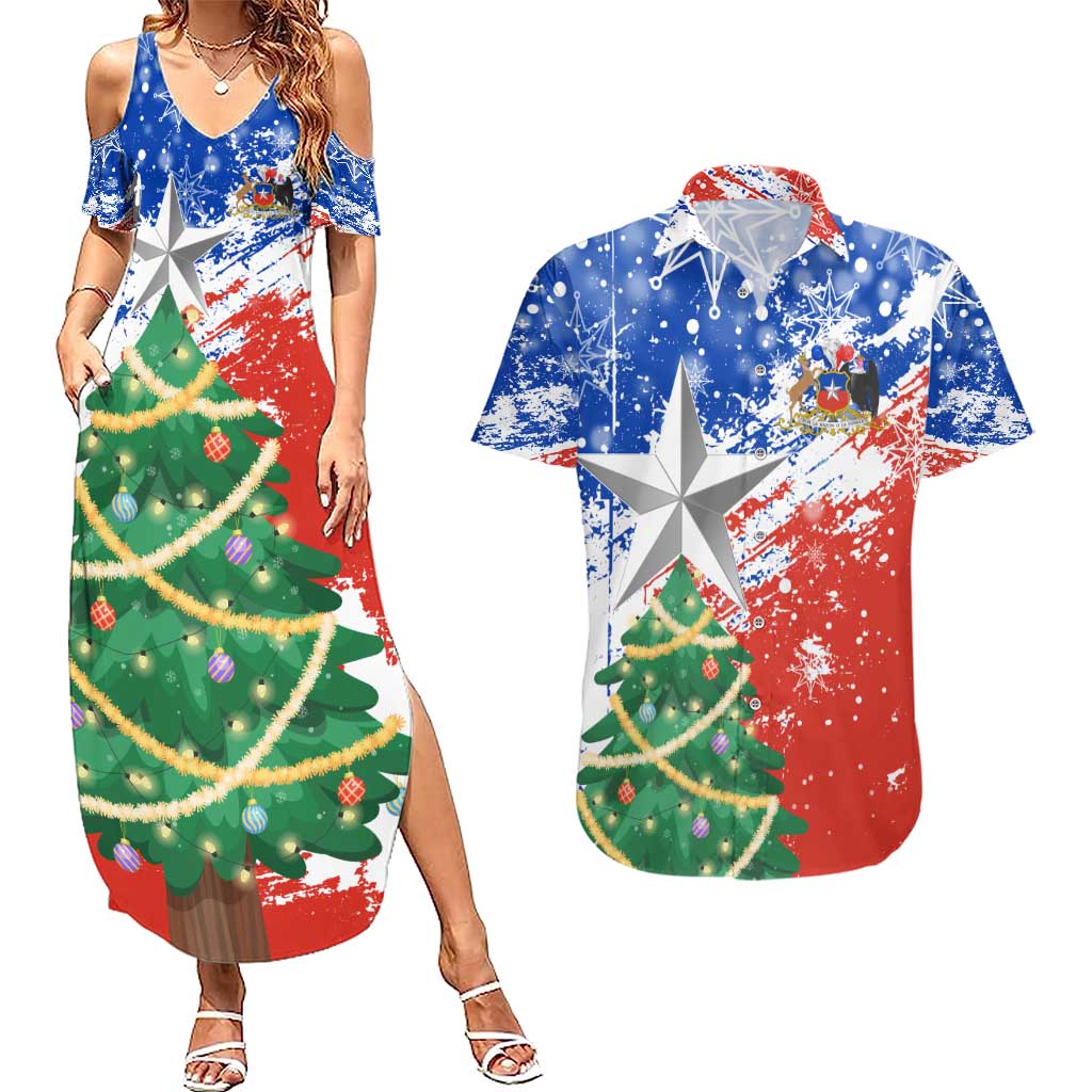 Chile Christmas Couples Matching Summer Maxi Dress and Hawaiian Shirt with Flag Colors Tree Reindeer Condor and Gift Design - Wonder Print Shop