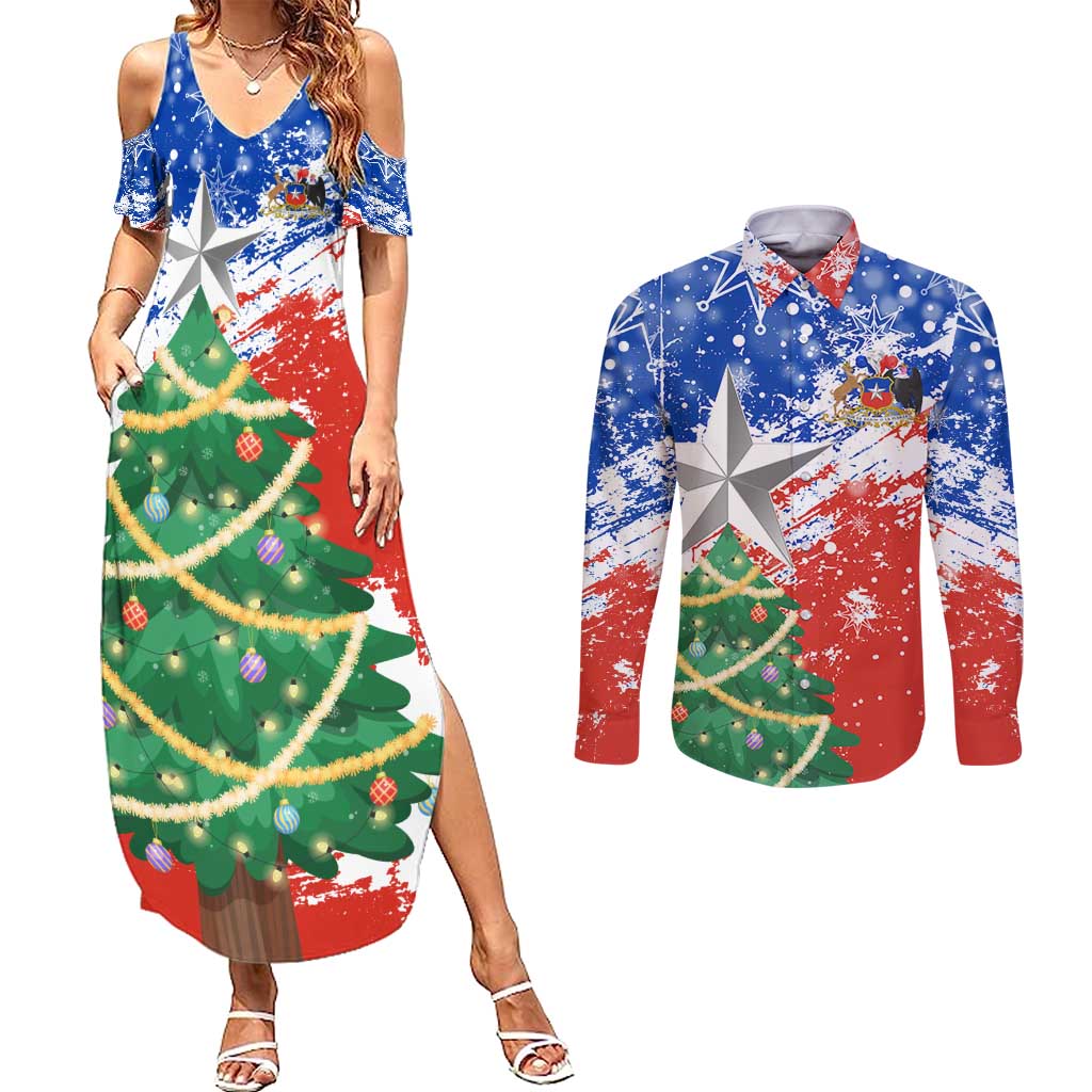 Chile Christmas Couples Matching Summer Maxi Dress and Long Sleeve Button Shirt with Flag Colors Tree Reindeer Condor and Gift Design - Wonder Print Shop