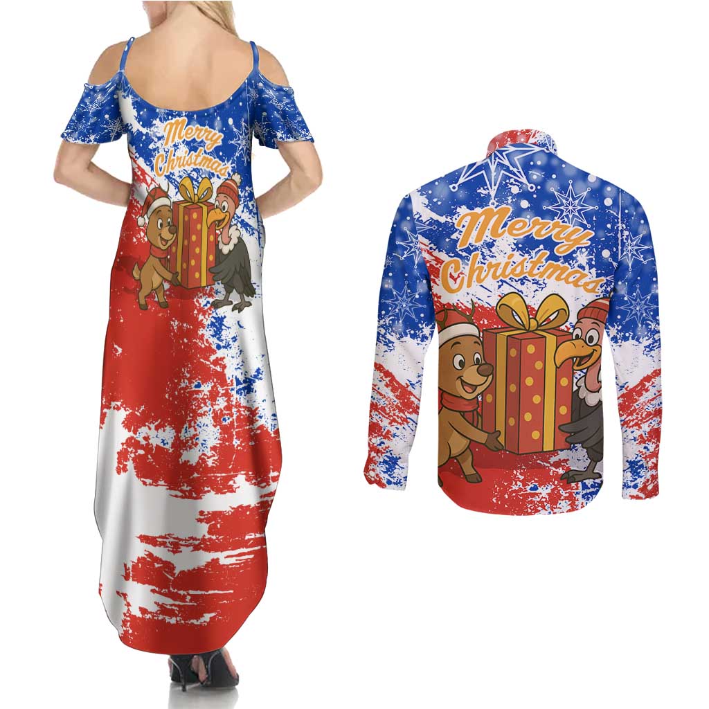 Chile Christmas Couples Matching Summer Maxi Dress and Long Sleeve Button Shirt with Flag Colors Tree Reindeer Condor and Gift Design - Wonder Print Shop