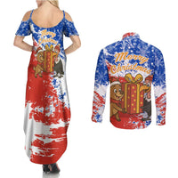Chile Christmas Couples Matching Summer Maxi Dress and Long Sleeve Button Shirt with Flag Colors Tree Reindeer Condor and Gift Design - Wonder Print Shop