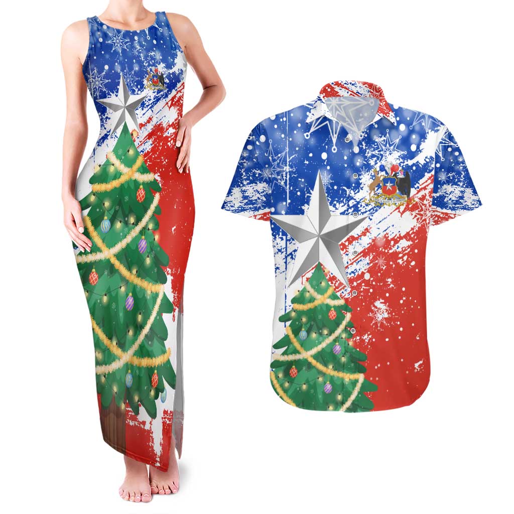 Chile Christmas Couples Matching Tank Maxi Dress and Hawaiian Shirt with Flag Colors Tree Reindeer Condor and Gift Design - Wonder Print Shop