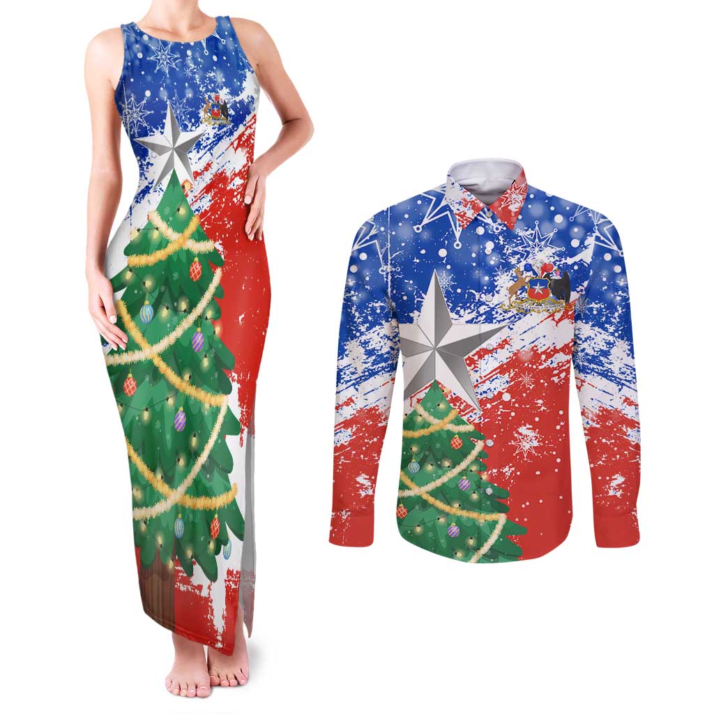 Chile Christmas Couples Matching Tank Maxi Dress and Long Sleeve Button Shirt with Flag Colors Tree Reindeer Condor and Gift Design - Wonder Print Shop