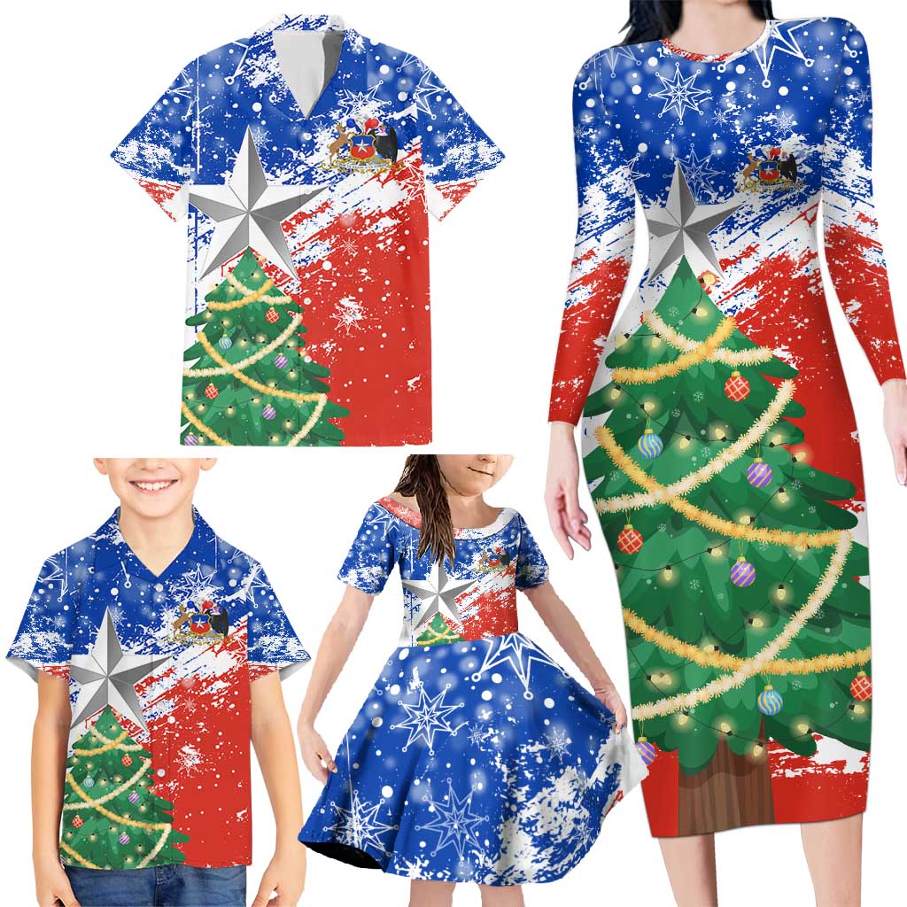 Chile Christmas Family Matching Long Sleeve Bodycon Dress and Hawaiian Shirt with Flag Colors Tree Reindeer Condor and Gift Design - Wonder Print Shop